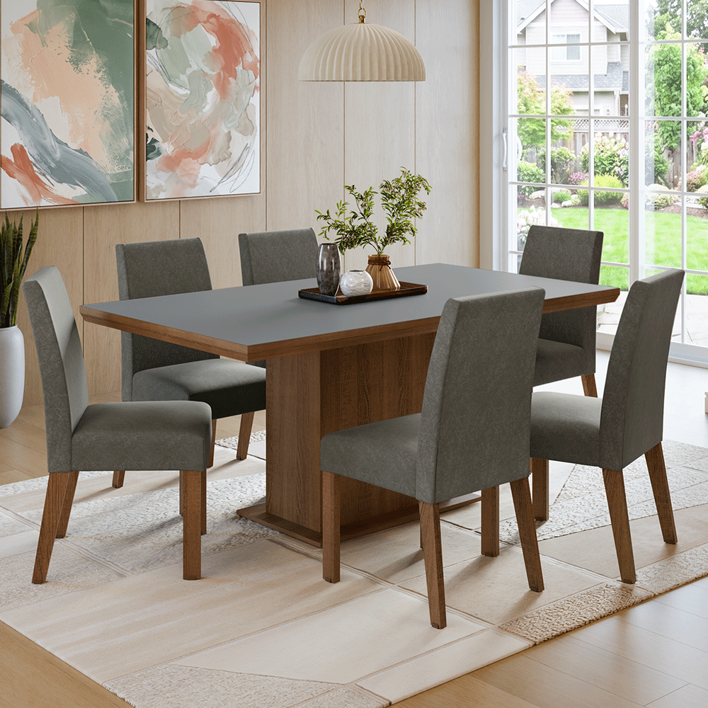 Conjunto Sala de Jantar Tampo de Madeira 6 Cadeiras Rustic/Cinza/Silver Grasse Madesa