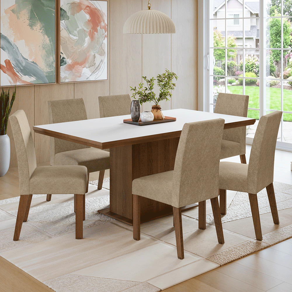 Conjunto Sala de Jantar Tampo de Madeira 6 Cadeiras Rustic/Branco/Imperial Grasse Madesa
