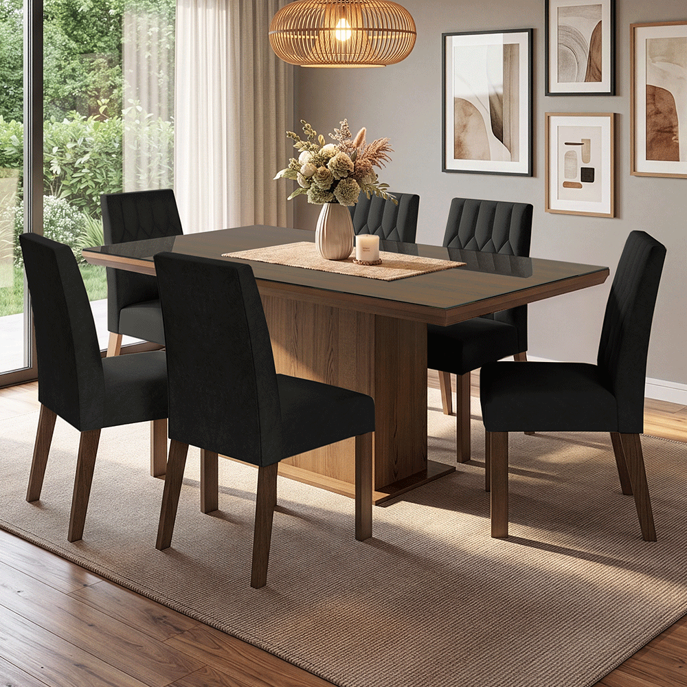 Conjunto Sala de Jantar Tampo com Vidro 6 Cadeiras Rustic/Oxford Dinan Madesa