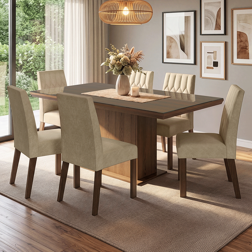 Conjunto Sala de Jantar Tampo com Vidro 6 Cadeiras Rustic/Imperial Dinan Madesa
