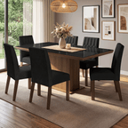 Conjunto Sala de Jantar Tampo com Vidro 6 Cadeiras Rustic/Preto/Oxford Dinan Madesa