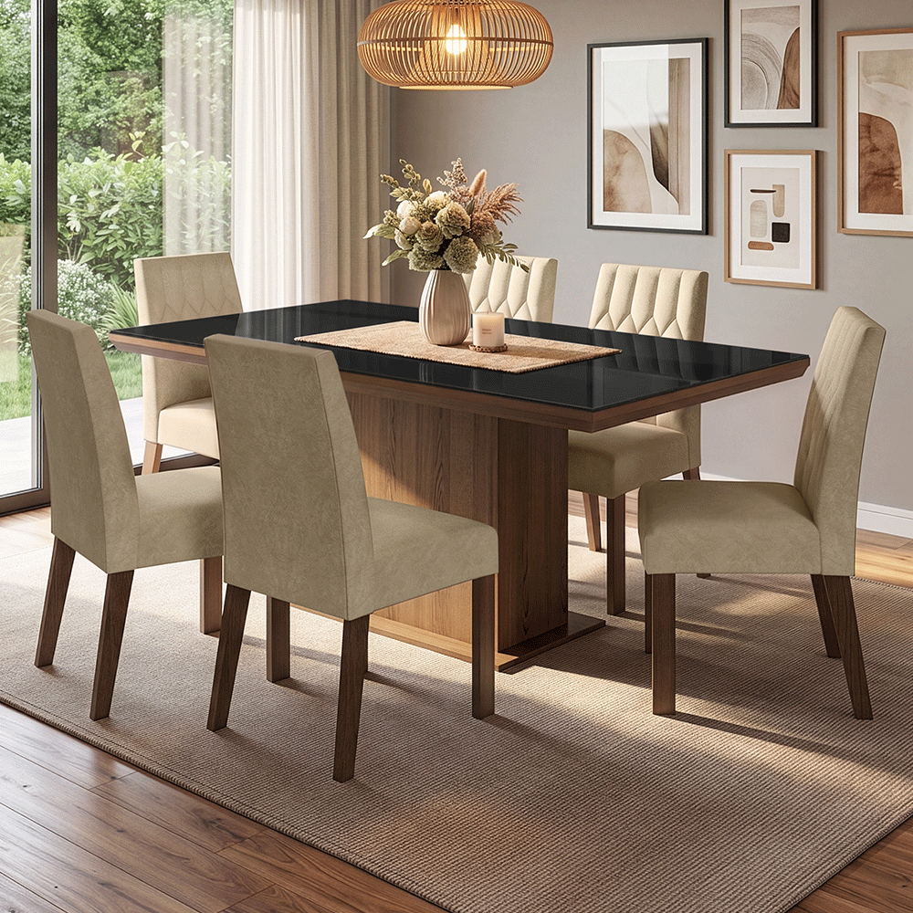 Conjunto Sala de Jantar Tampo com Vidro 6 Cadeiras Rustic/Preto/Imperial Dinan Madesa