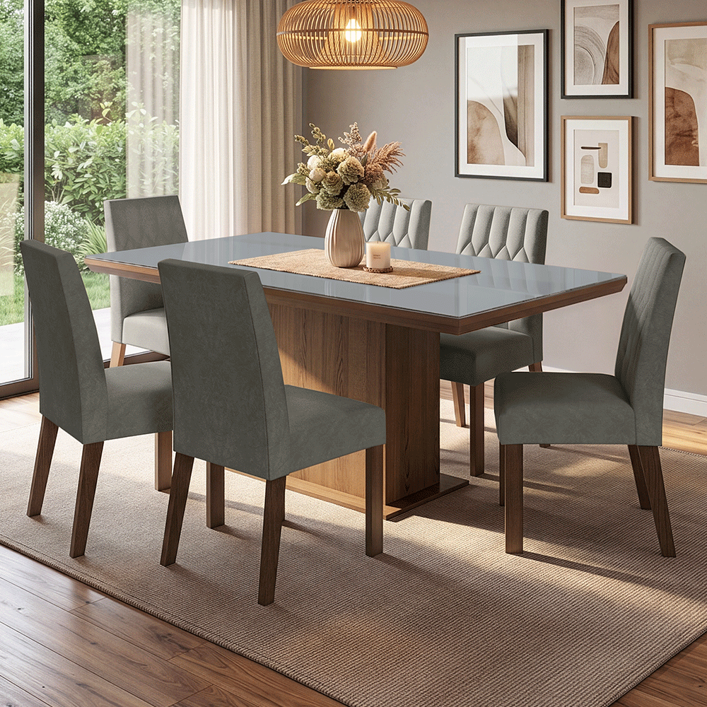 Conjunto Sala de Jantar Tampo com Vidro 6 Cadeiras Rustic/Cinza/Silver Dinan Madesa