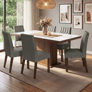 Conjunto Sala de Jantar Tampo com Vidro 6 Cadeiras Rustic/Branco/Silver Dinan Madesa