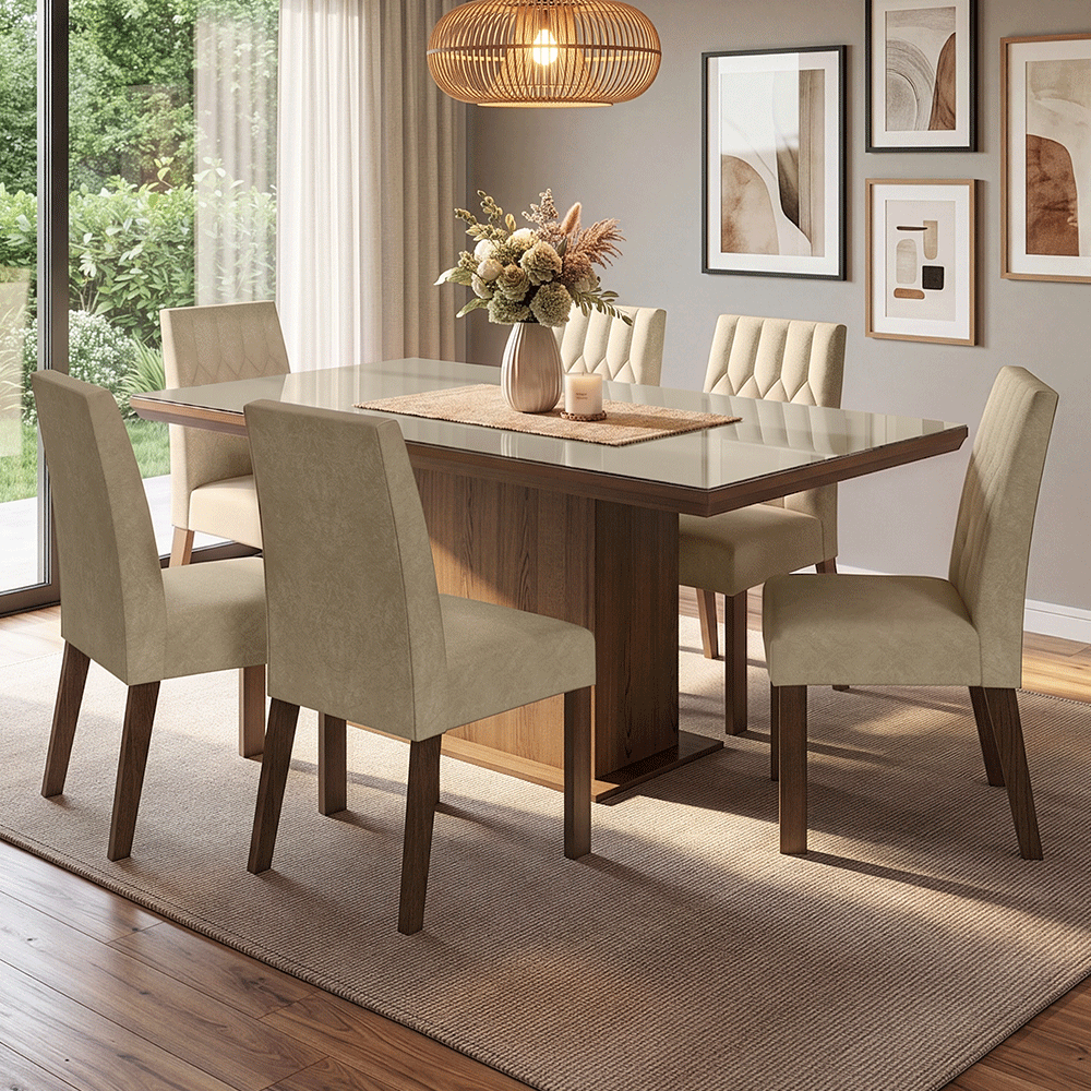 Conjunto Sala de Jantar Tampo com Vidro 6 Cadeiras Rustic/Crema/Imperial Dinan Madesa