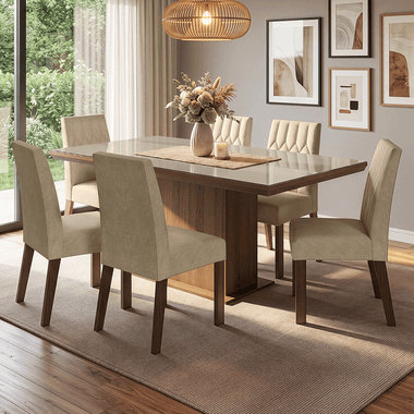 Conjunto Sala de Jantar Tampo com Vidro 6 Cadeiras Rustic/Crema/Imperial Dinan Madesa