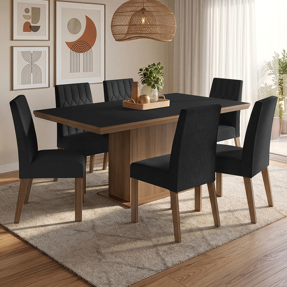 Conjunto Sala de Jantar Tampo de Madeira 6 Cadeiras Rustic/Preto/Oxford Luso Madesa