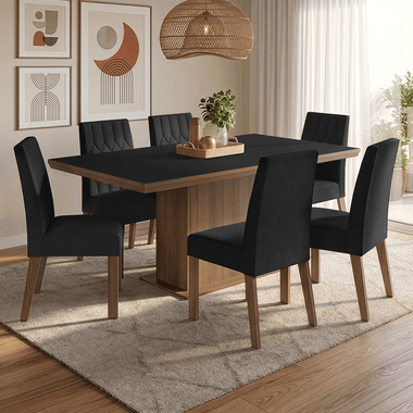 Conjunto Sala de Jantar Tampo de Madeira 6 Cadeiras Rustic/Preto/Oxford Luso Madesa