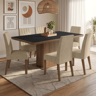 Conjunto Sala de Jantar Tampo de Madeira 6 Cadeiras Rustic/Preto/Imperial Luso Madesa