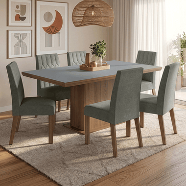 Conjunto Sala de Jantar Tampo de Madeira 6 Cadeiras Rustic/Cinza/Silver Luso Madesa