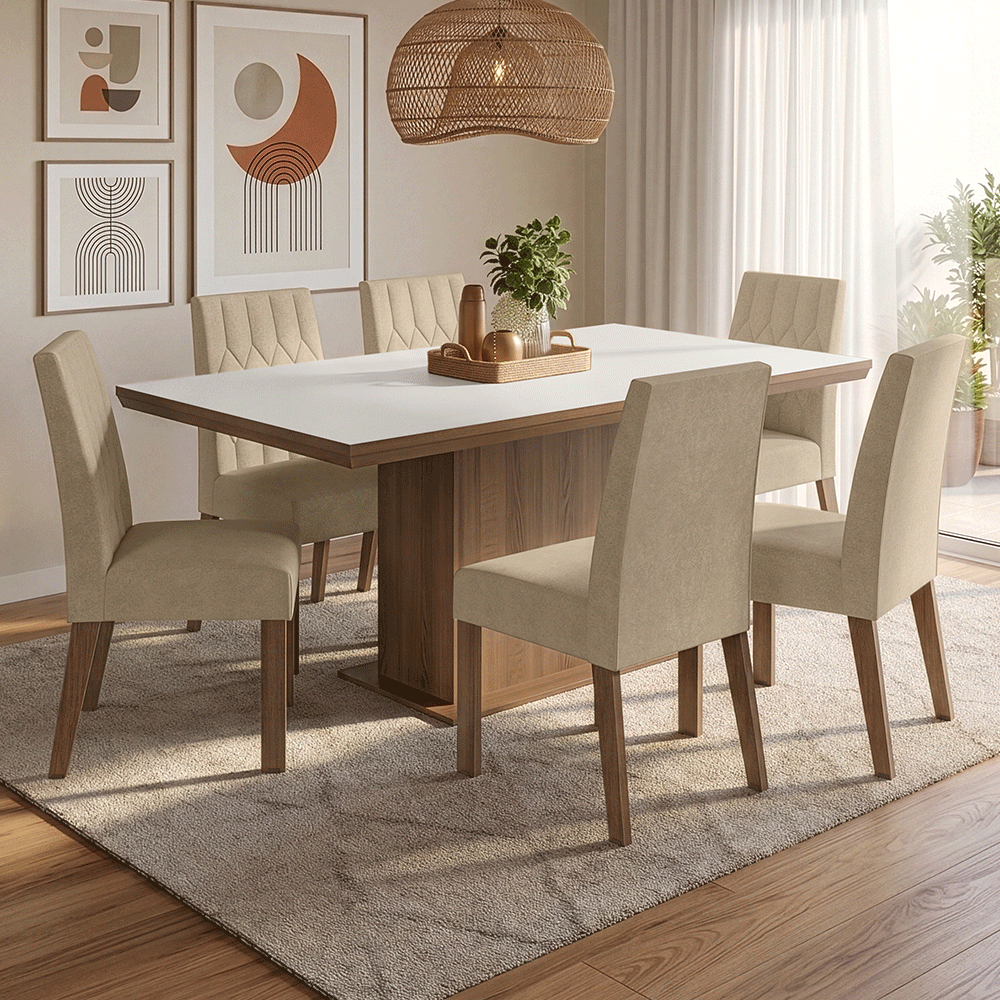 Conjunto Sala de Jantar Tampo de Madeira 6 Cadeiras Rustic/Branco/Imperial Luso Madesa