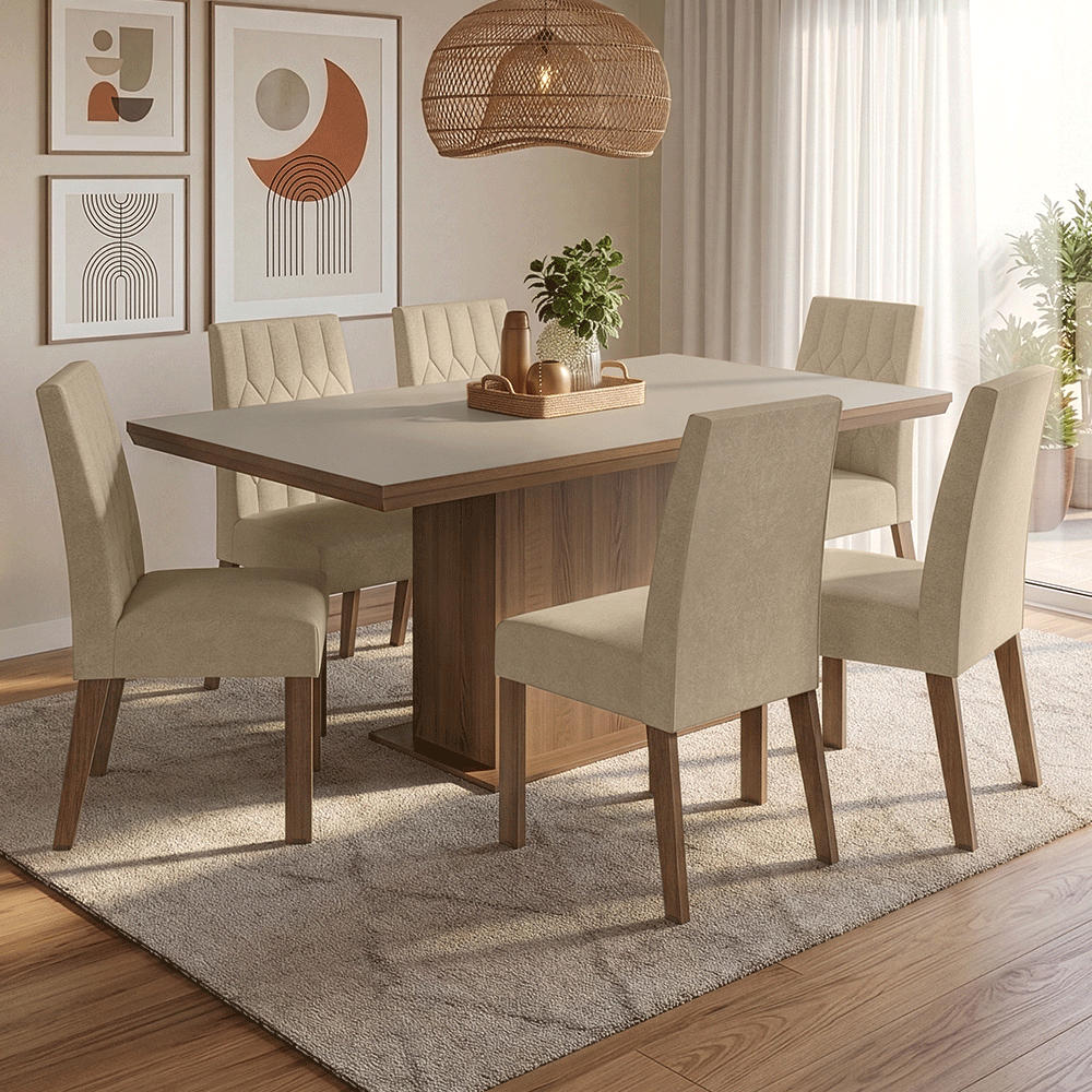 Conjunto Sala de Jantar Tampo de Madeira 6 Cadeiras Rustic/Crema/Imperial Luso Madesa