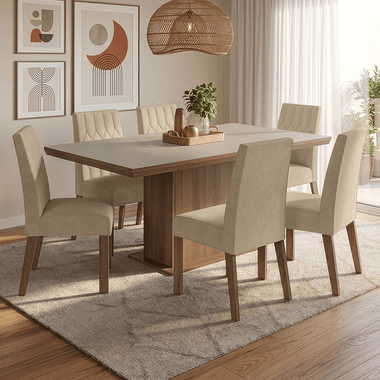 Conjunto Sala de Jantar Tampo de Madeira 6 Cadeiras Rustic/Crema/Imperial Luso Madesa