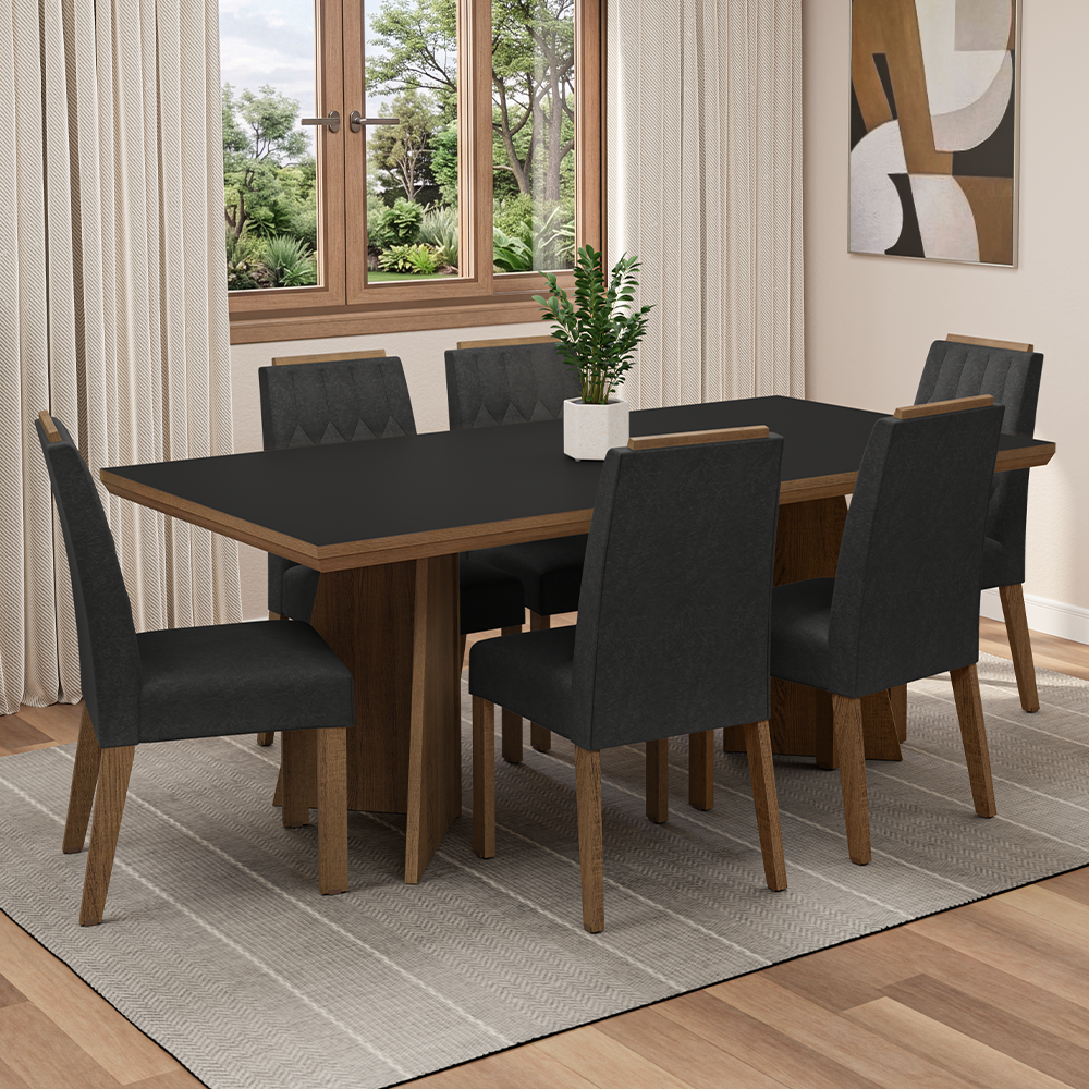 Conjunto Sala de Jantar Tampo de Madeira 6 Cadeiras Rustic/Preto/Oxford Sarlat Madesa