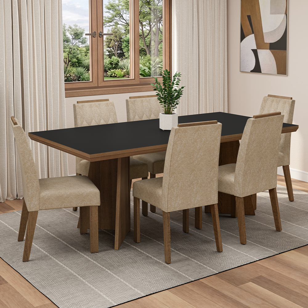 Conjunto Sala de Jantar Tampo de Madeira 6 Cadeiras Rustic/Preto/Imperial Sarlat Madesa