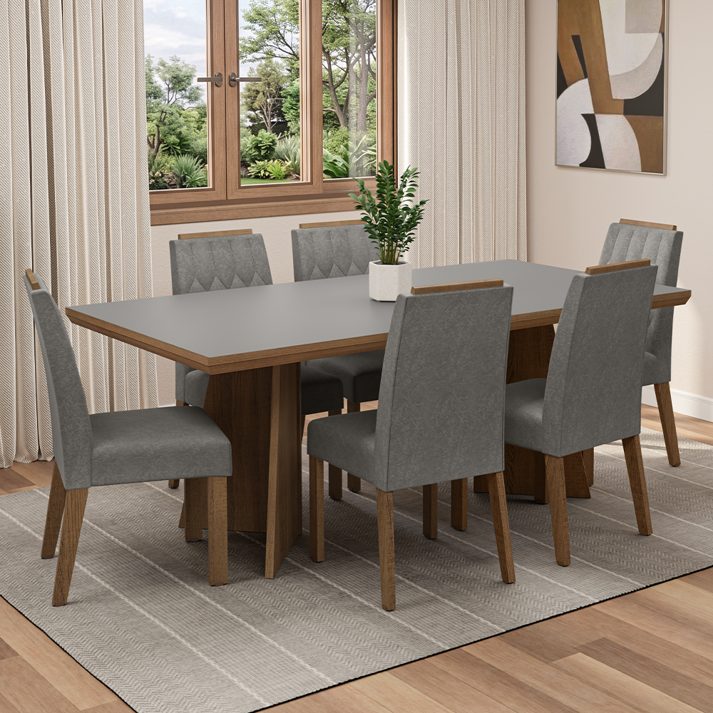 Conjunto Sala de Jantar Tampo de Madeira 6 Cadeiras Rustic/Cinza/Silver Sarlat Madesa