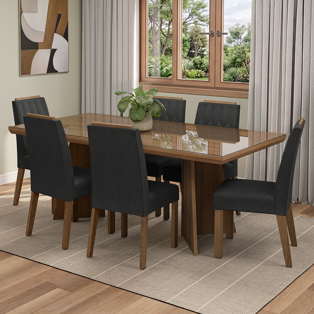 Conjunto Sala de Jantar Tampo com Vidro 6 Cadeiras Rustic/Oxford Pienza Madesa