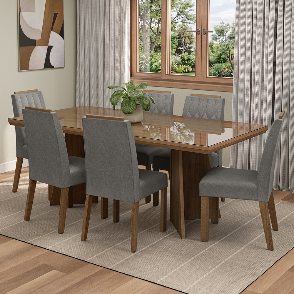 Conjunto Sala de Jantar Tampo com Vidro 6 Cadeiras Rustic/Silver Pienza Madesa