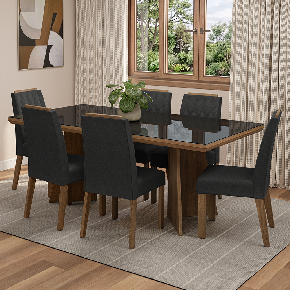 Conjunto Sala de Jantar Tampo com Vidro 6 Cadeiras Rustic/Preto/Oxford Pienza Madesa