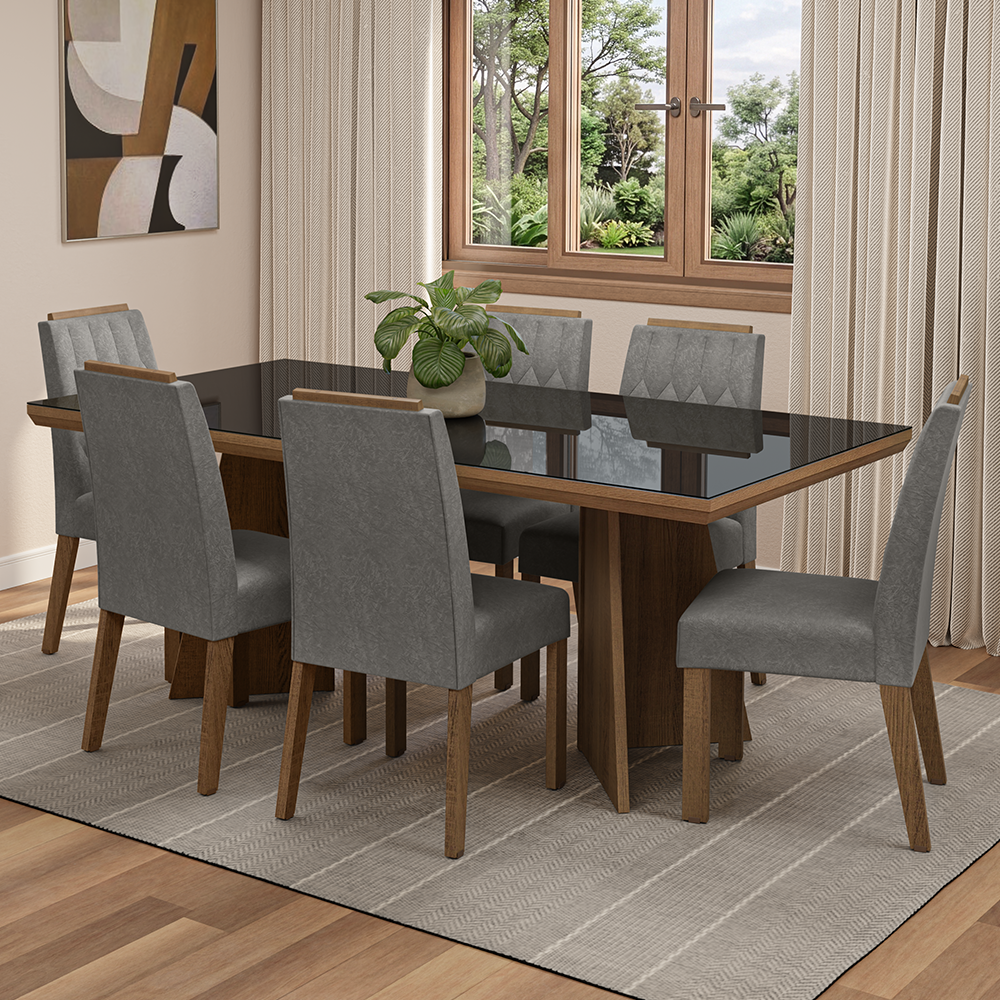 Conjunto Sala de Jantar Tampo com Vidro 6 Cadeiras Rustic/Preto/Silver Pienza Madesa