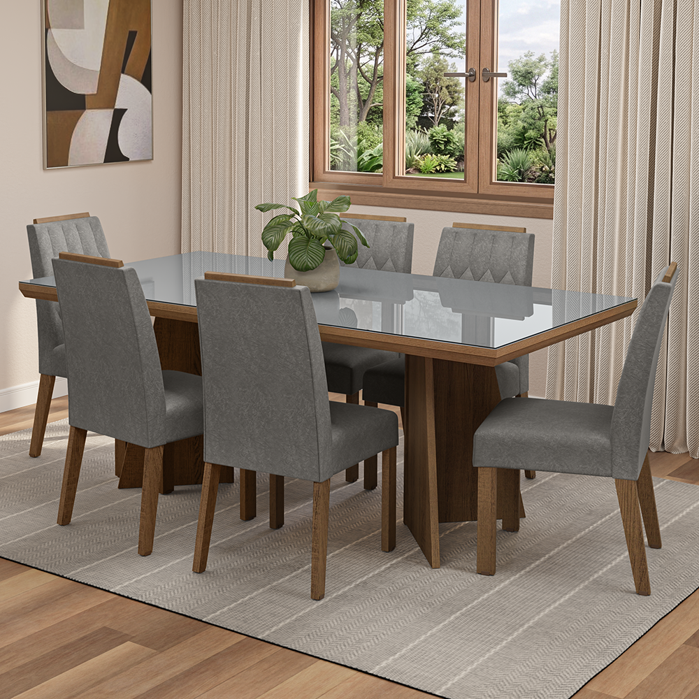 Conjunto Sala de Jantar Tampo com Vidro 6 Cadeiras Rustic/Cinza/Silver Pienza Madesa