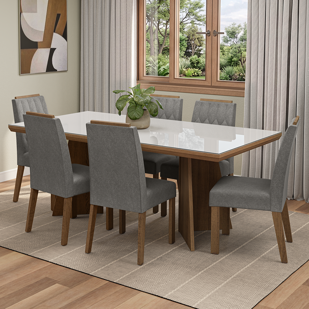 Conjunto Sala de Jantar Tampo com Vidro 6 Cadeiras Rustic/Branco/Silver Pienza Madesa