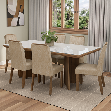 Conjunto Sala de Jantar Tampo com Vidro 6 Cadeiras Rustic/Branco/Imperial Pienza Madesa
