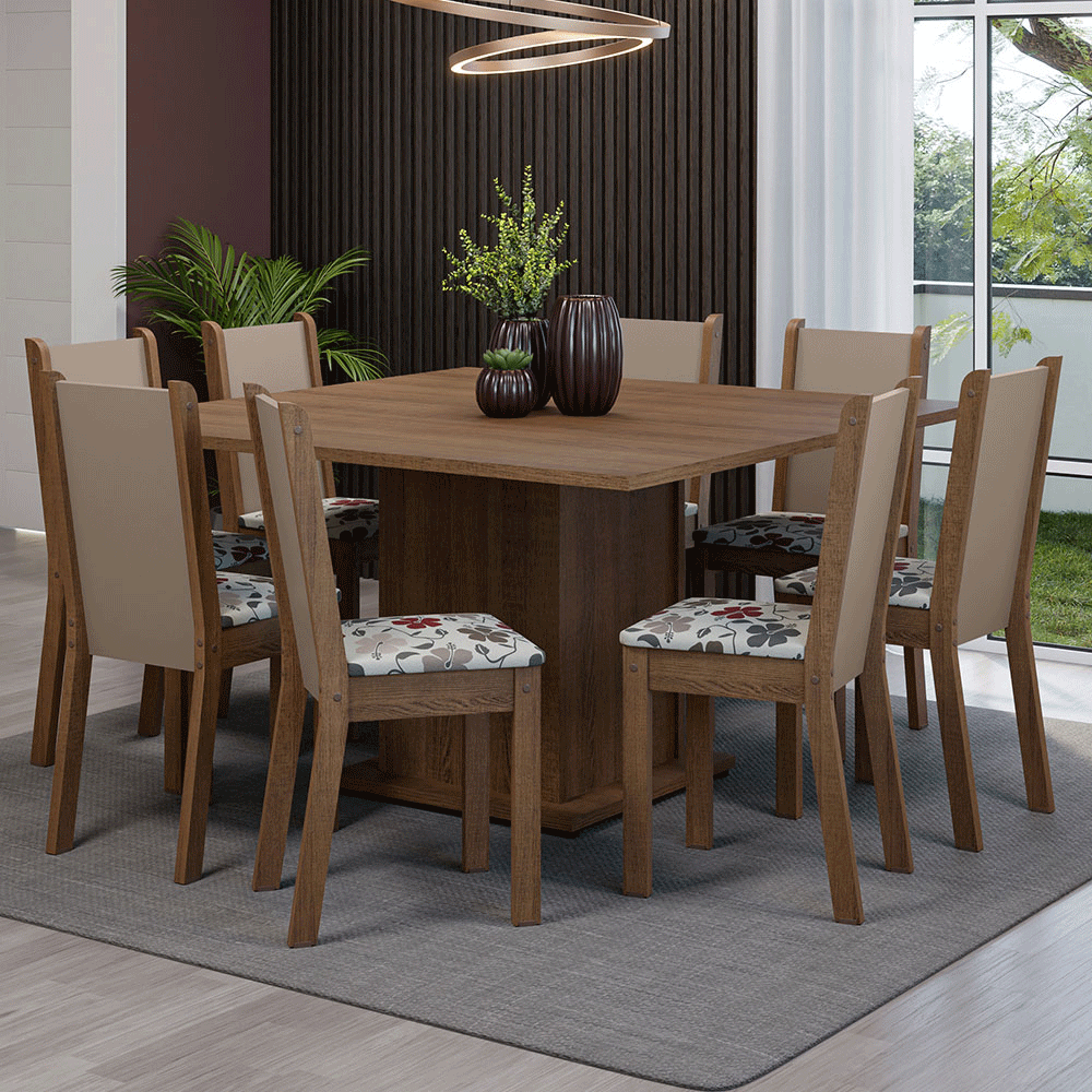 Conjunto Sala de Jantar Mesa Tampo de Madeira 8 Cadeiras Rustic/Crema/Hibiscos Marisa Madesa