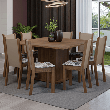 Conjunto Sala de Jantar Mesa Tampo de Madeira 8 Cadeiras Rustic/Crema/Hibiscos Marisa Madesa
