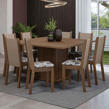 Conjunto Sala de Jantar Mesa Tampo de Madeira 8 Cadeiras Rustic/Crema/Hibiscos Marisa Madesa