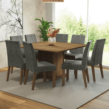 Conjunto Sala de Jantar Mesa Tampo de Madeira 8 Cadeiras Rustic/Silver Doris Madesa