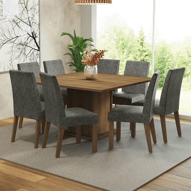 Conjunto Sala de Jantar Mesa Tampo de Madeira 8 Cadeiras Rustic/Silver Doris Madesa