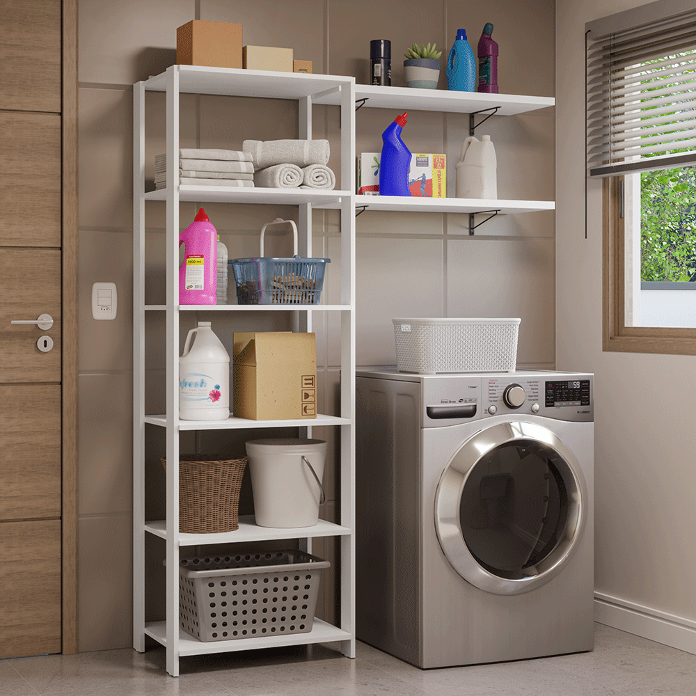 Estante Armário Multiuso e Prateleiras para Lavanderia 139cm Branco Madesa