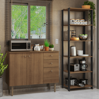 Kit Cozinha Balcão Gabinete 3 Portas 2 Gavetas e Armário Cozinha Despensa 5 Prateleiras Rustic/Preto