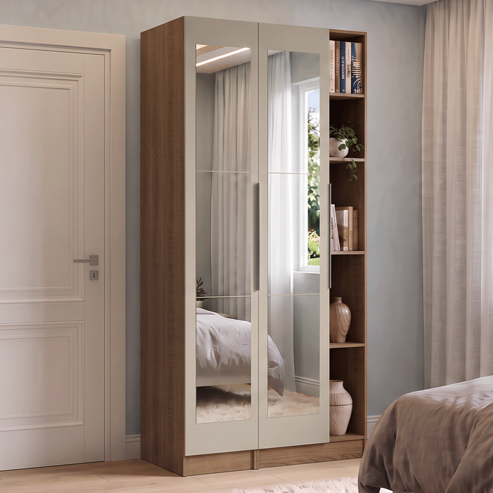 Guarda-Roupa Modulado 2 Portas com Espelhos 5 Nichos Rustic/Crema Neo Madesa 01