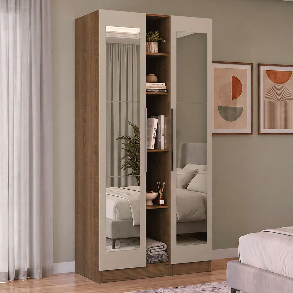 Guarda-Roupa Modulado 2 Portas com Espelhos 5 Nichos Rustic/Crema Neo Madesa 02