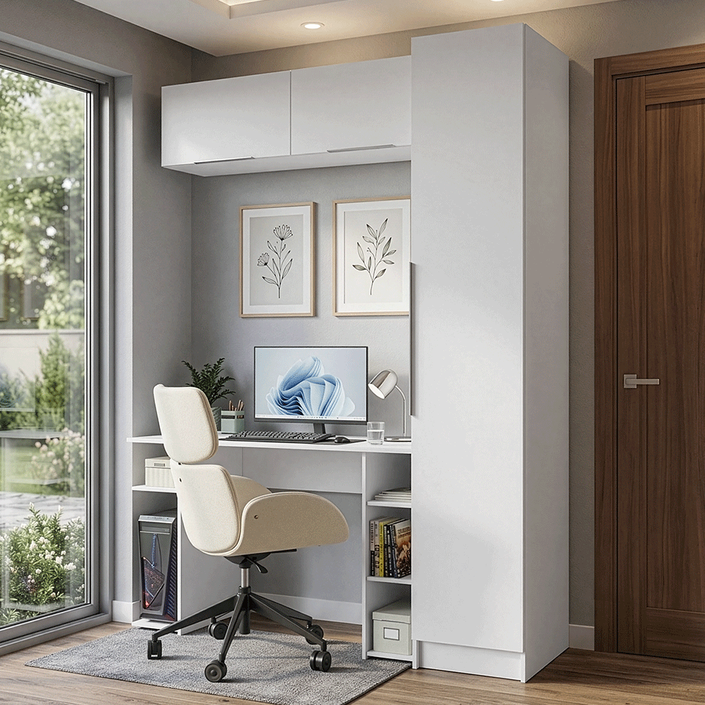 Conjunto Home Office 1 Guarda-Roupa 2 Aéreos Neo 1 Escrivaninha Branco Madesa