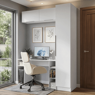 Conjunto Home Office 1 Guarda-Roupa 2 Aéreos Neo 1 Escrivaninha Branco Madesa