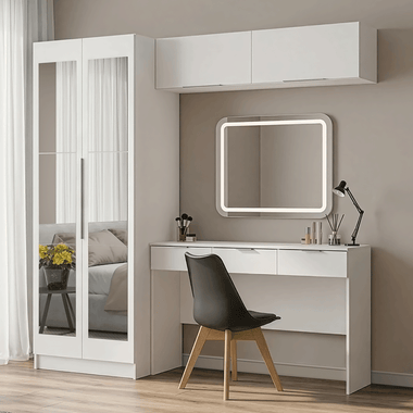 Conjunto Quarto 1 Penteadeira 2 Aéreos 1 Guarda-Roupa com Espelhos 2 Portas Neo Branco Madesa