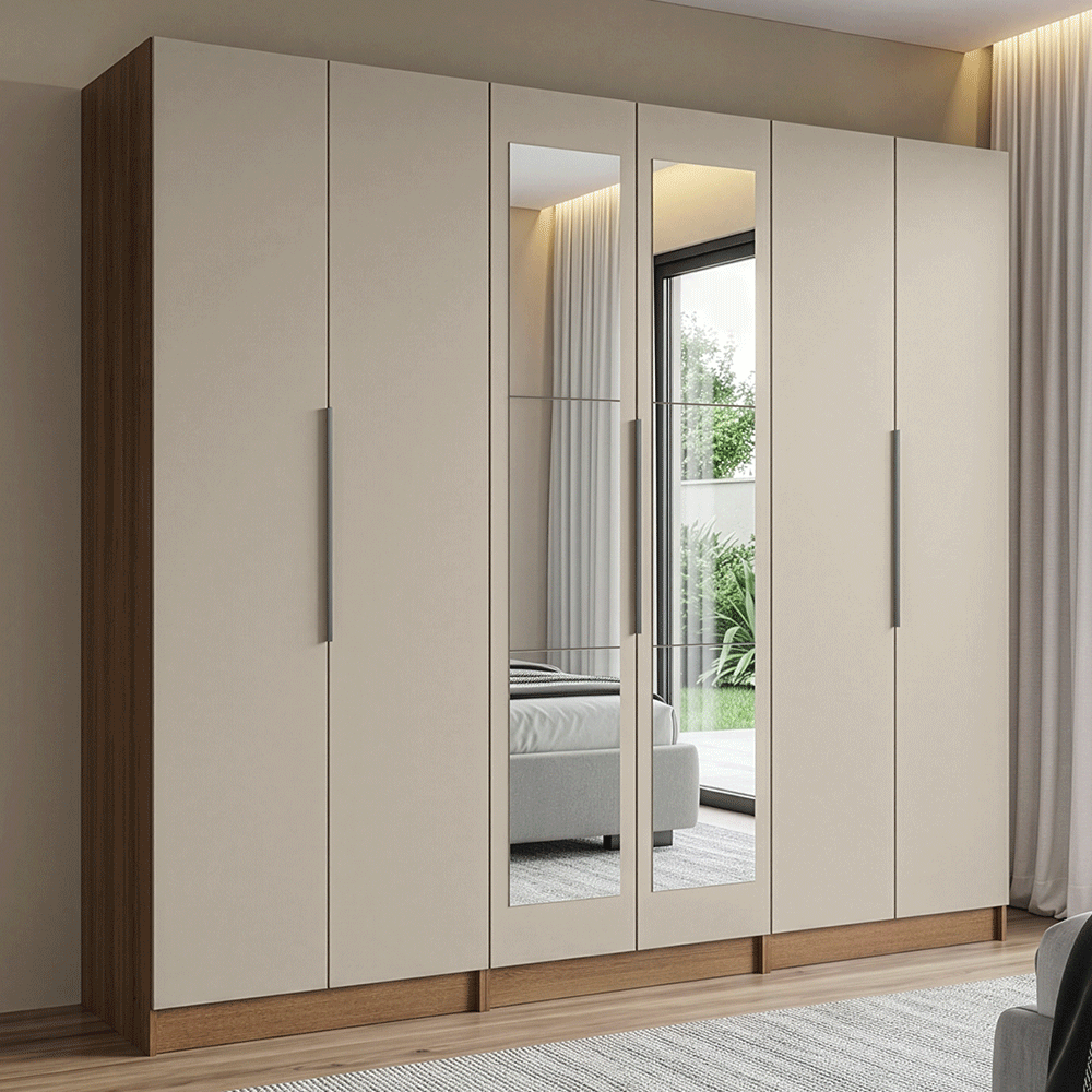 Guarda-Roupa Modulado 240 cm 6 Portas com Espelhos 4 Gavetas Rustic/Crema Neo Madesa 02