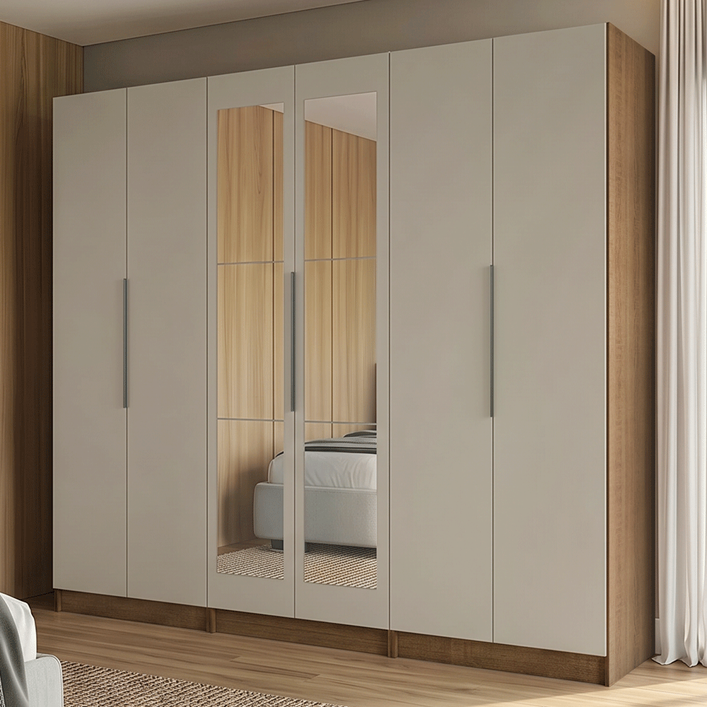 Guarda-Roupa Modulado 240 cm 6 Portas com Espelhos 6 Gavetas Rustic/Crema Neo Madesa 04