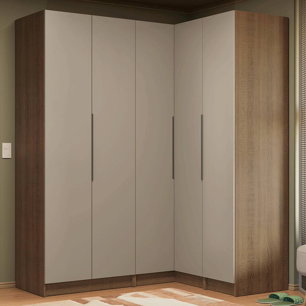 Guarda-Roupa Modulado de Canto 310 cm 5 Portas 2 Gavetas Rustic/Crema Neo Madesa 02
