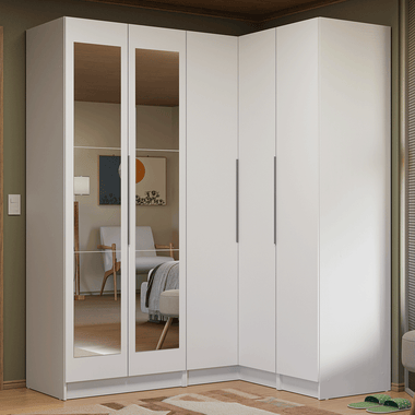 Guarda-Roupa Modulado de Canto 310 cm 5 Portas com Espelhos 2 Gavetas Branco Neo Madesa 03