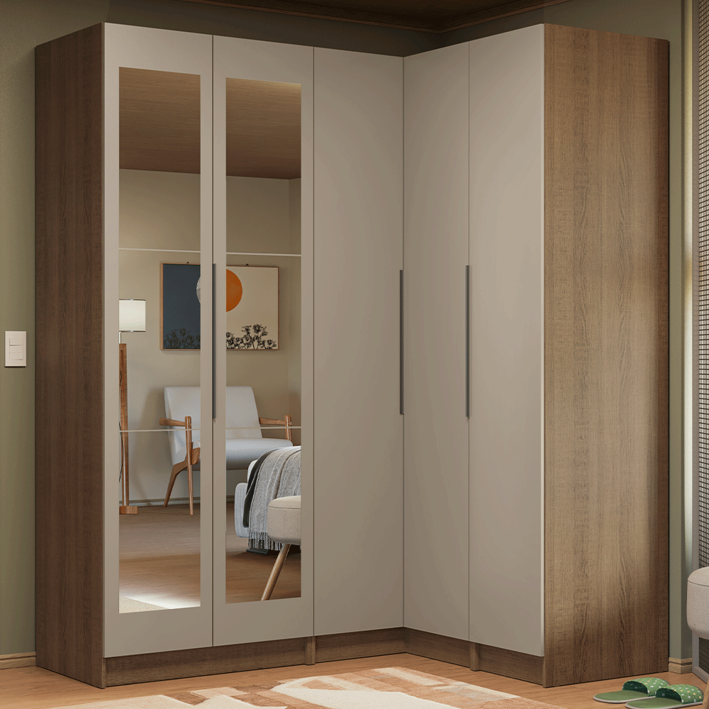Guarda-Roupa Modulado de Canto 310 cm 5 Portas com Espelhos 2 Gavetas Rustic/Crema Neo Madesa 03