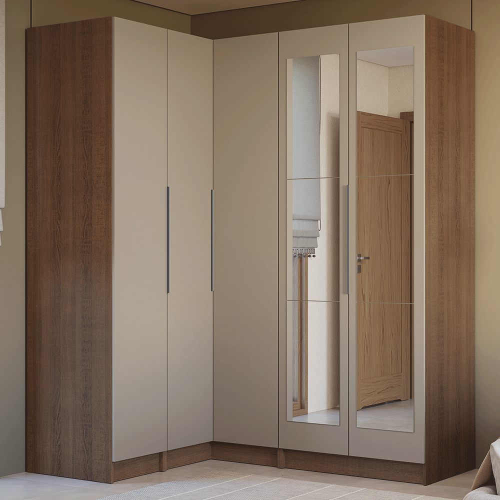 Guarda-Roupa Modulado de Canto 310 cm 5 Portas com Espelhos 2 Gavetas Rustic/Crema Neo Madesa 04