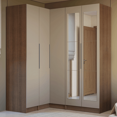 Guarda-Roupa Modulado de Canto 310 cm 5 Portas com Espelhos 2 Gavetas Rustic/Crema Neo Madesa 04