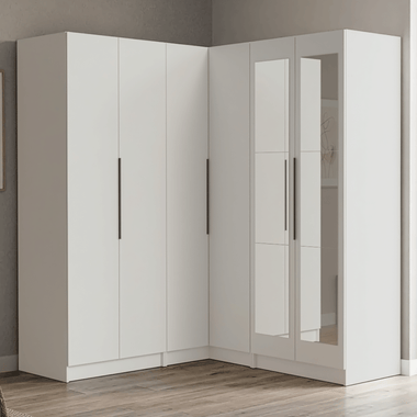 Guarda-Roupa Modulado de Canto 350 cm 6 Portas com Espelhos 4 Gavetas Branco Neo Madesa 02