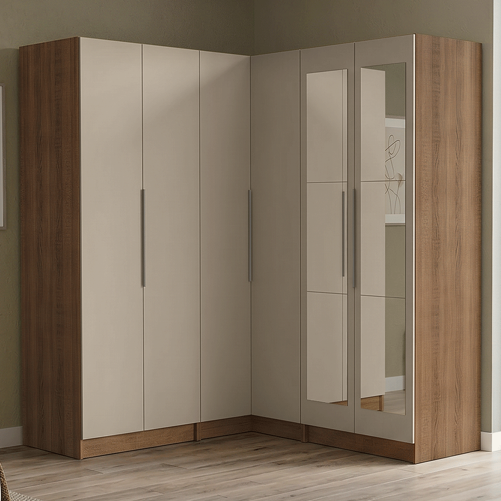 Guarda-Roupa Modulado de Canto 350 cm 6 Portas com Espelhos 4 Gavetas Rustic/Crema Neo Madesa 02