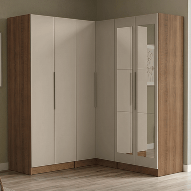 Guarda-Roupa Modulado de Canto 350 cm 6 Portas com Espelhos 4 Gavetas Rustic/Crema Neo Madesa 02