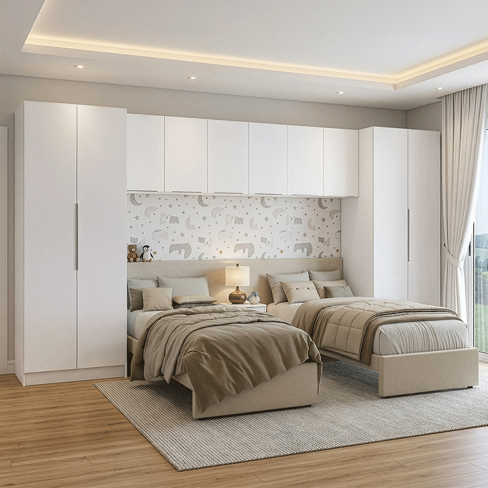 Quarto Infantil com 2 Guarda-Roupas Neo 3 Aéreos 1 Mesa de Cabeceira Branco Madesa